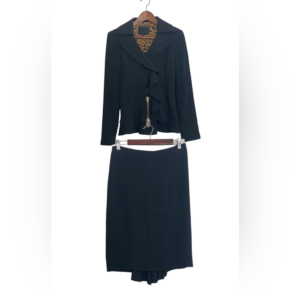 Ross Mayer Skirt Suit Womens 4 Black Pinstripe Blazer Pencil Skirt Ruffle
